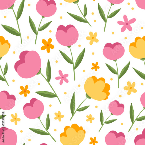Seamless vector pattern with cute yellow and pink flowers, polka dot on white background. Textile design 