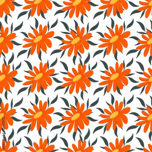 Vector seamless pattern with big orange flowers and leaves on white background, fabric design, wrapping paper, gift paper, cards, banners, textile.