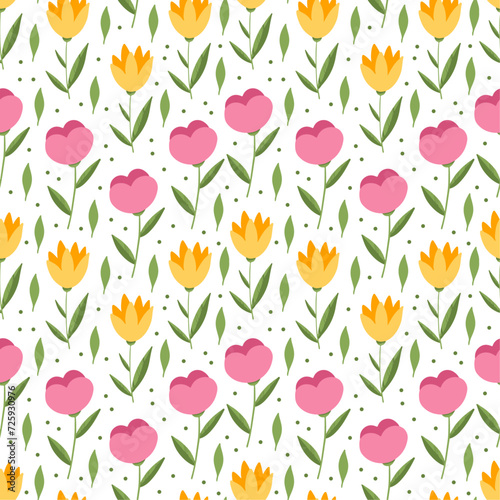 seamless background with yellow tulips and pink flowers on white background, cute spring design for gift paper, wrapping paper, fabric
