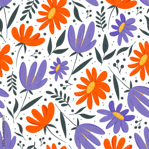 Vector floral pattern with wild flowers and leaves on white background. Cute spring pattern design for wrapping paper, gifts, banners, cards. 