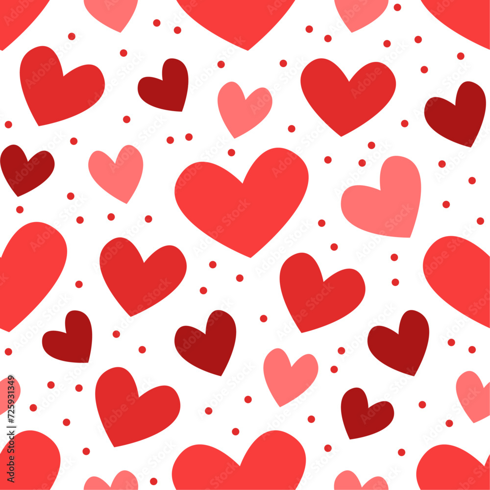 Vector pattern with cute red hearts and polka dots on white background. Cute simple pattern on white background. Vector pattern with cute red hearts and polka dots on white background. Cute simple pattern on white background.