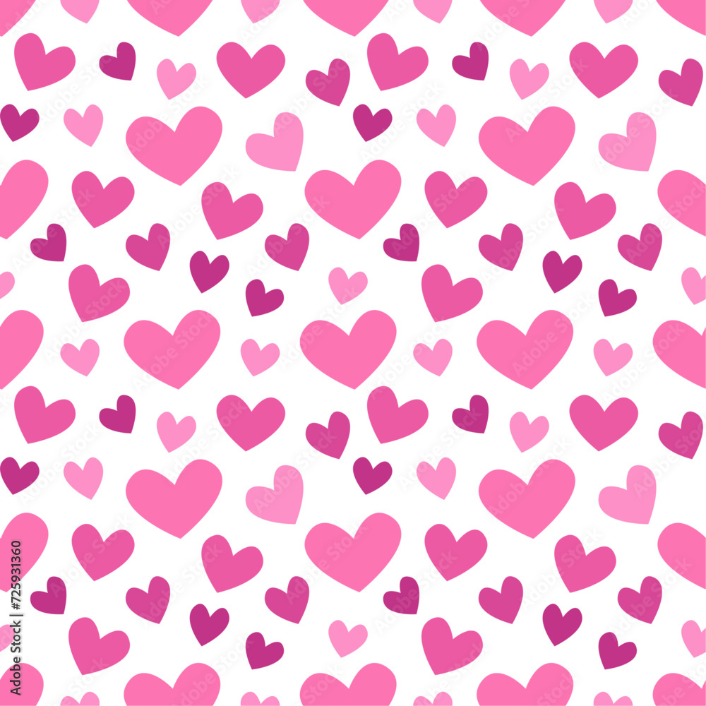 Seamless pattern with pink hearts on white background. Vector Valentines Day design for wrapping paper, gifts, lovely background.