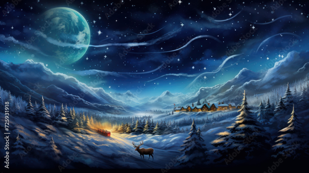 Fototapeta premium Magical winter wonderland with a Santa's sleigh soaring through the starry sky