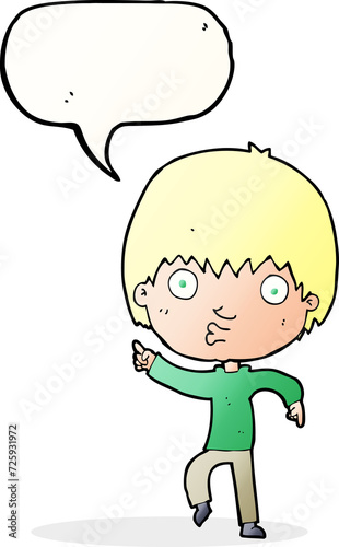 cartoon impressed boy pointing with speech bubble