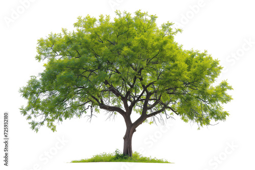 A vibrant  lush green tree with a sturdy brown trunk  isolated on a white background. The tree is full of life  showcasing detailed leaves and branches.