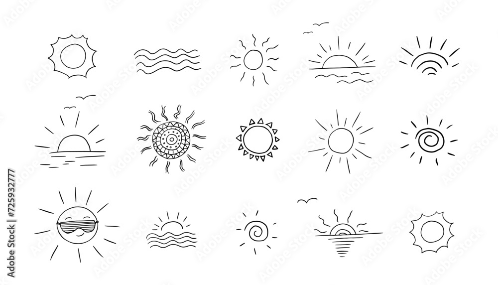 Big set of suns in doodle style. Sun in sunglasses, sunset, sun rays, sunshine, waves. Summer time. Hand drawn vector illustration. Great for prints, poster, banner and professional design Big set of suns in doodle style. Sun in sunglasses, sunset, sun rays, sunshine, waves. Summer time. Hand drawn vector illustration. Great for prints, poster, banner and professional design