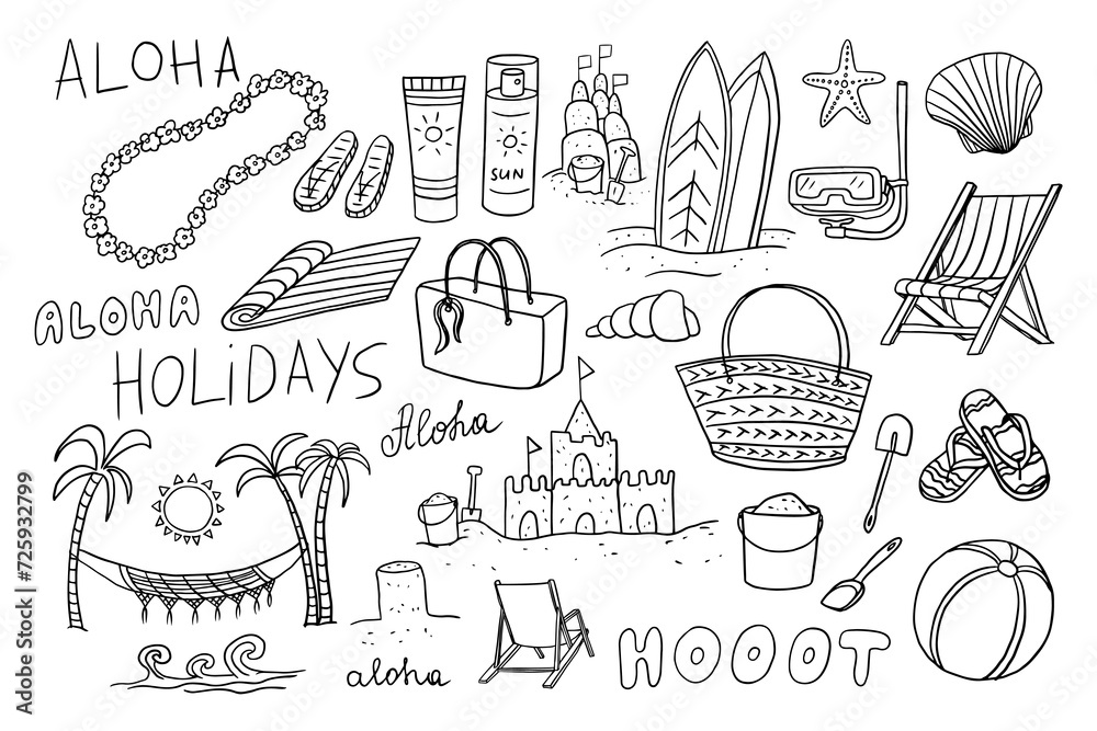 Obraz premium Big set of summer time theme elements in doodle style. Sunglasses, sand castles, sunset, palm trees, beach bag. Travel design. Adventure. Hand drawn vector illustration. Great for poster, banner
