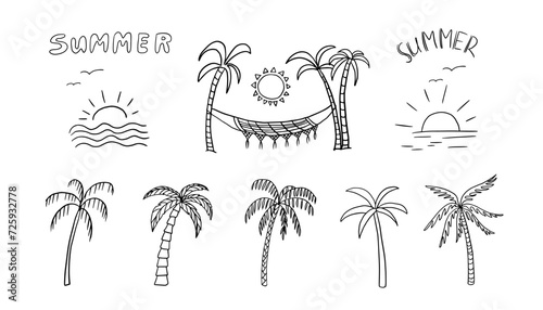 Big set of different palm trees, suns and hammock in doodle style. Summer time. Travel design. Adventure. Paradise. Hand drawn. Great for prints, poster, banner and professional design