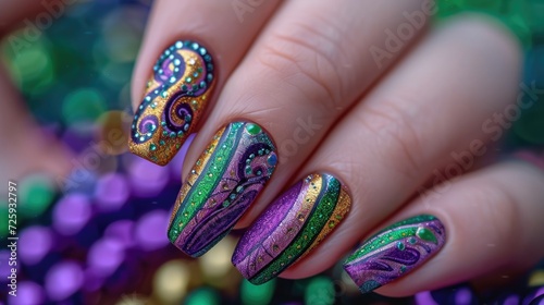 A close-up photo of a hand with Mardi Gras nail art, intricate designs in purple, green, and gold, with swirls, stripes, and a detailed mask design