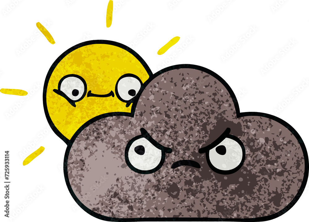 retro grunge texture cartoon storm cloud and sun