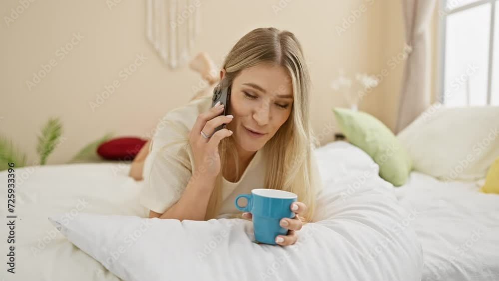 Happy young adult blonde beauty confidently chatting away on her phone, sipping morning coffee while comfortably sprawled on her bed, in the relaxed ambience of her well-appointed bedroom. Happy young adult blonde beauty confidently chatting away on her phone, sipping morning coffee while comfortably sprawled on her bed, in the relaxed ambience of her well-appointed bedroom.