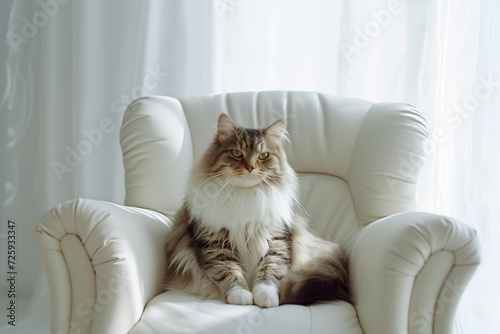 Beautiful cat sits on the sofa. Minimalistic pets style isolated over light background © nutalina