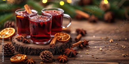 Mulled Wine Rests on Rustic Wooden Table! Rich Blend of Warmth and Tradition - Earthy Tones and Textured Surface Create Charming Backdrop - Soft Natural Light