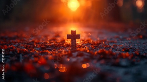 Christian cross in the glow of the setting sun