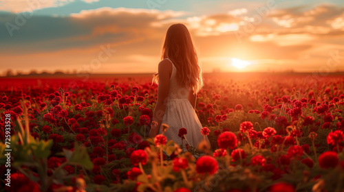 A young woman walking away towards the sunset in a breathtaking field of red flowers