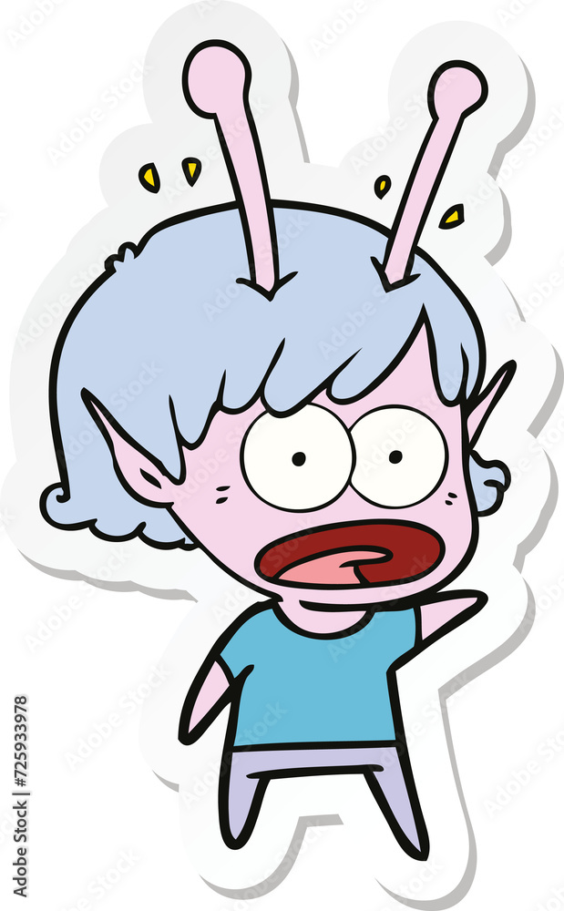sticker of a cartoon shocked alien girl