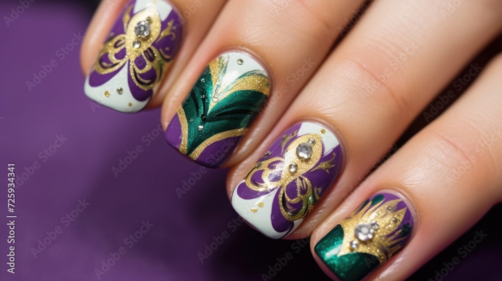A close-up photo of a hand with Mardi Gras nail art, intricate designs in purple, green, and gold, with swirls, stripes, and a detailed mask design A close-up photo of a hand with Mardi Gras nail art, intricate designs in purple, green, and gold, with swirls, stripes, and a detailed mask design