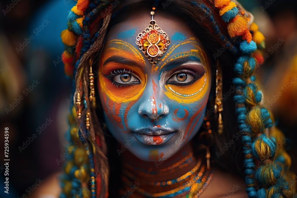 young model woman with artistic makeup and different accessories on her head