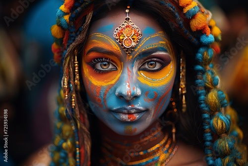 young model woman with artistic makeup and different accessories on her head