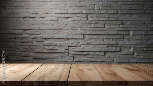 wooden table top and white stone bricks wall  copy space for product placement stand  perfect for advertising text