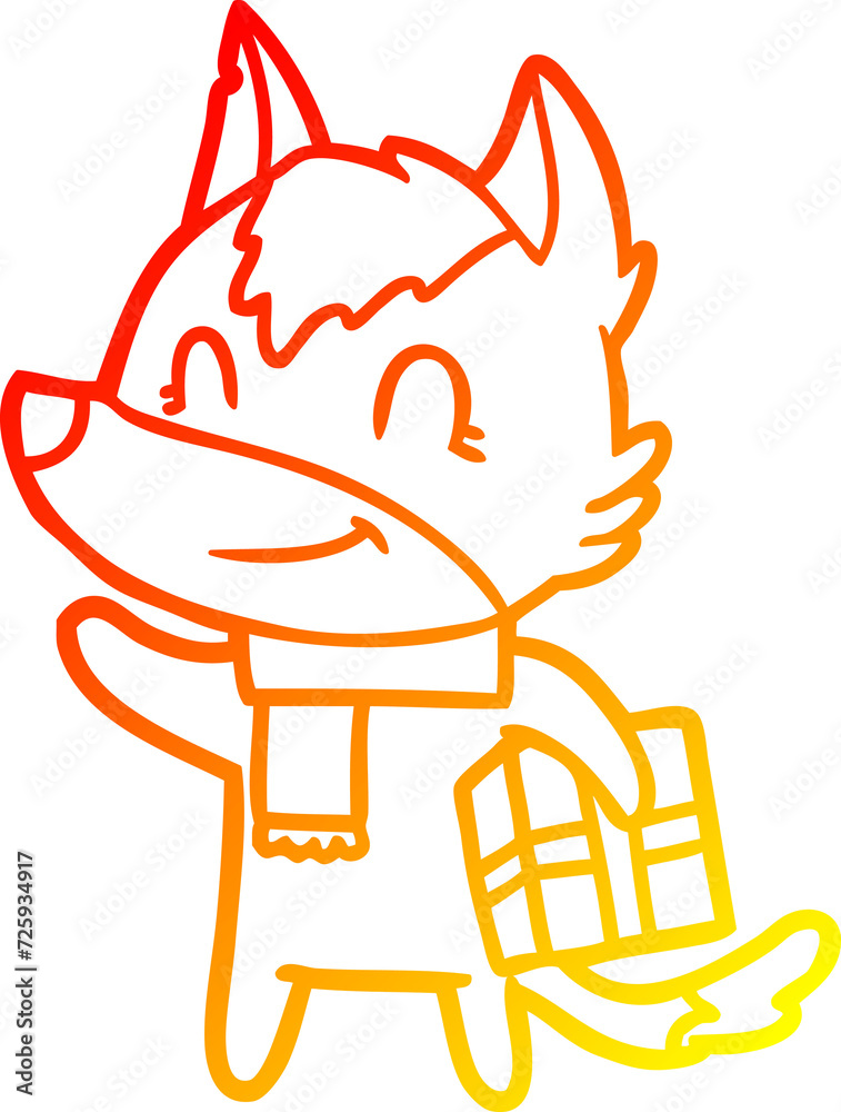 warm gradient line drawing friendly cartoon wolf with present