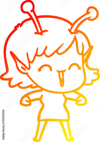 warm gradient line drawing cartoon alien girl laughing