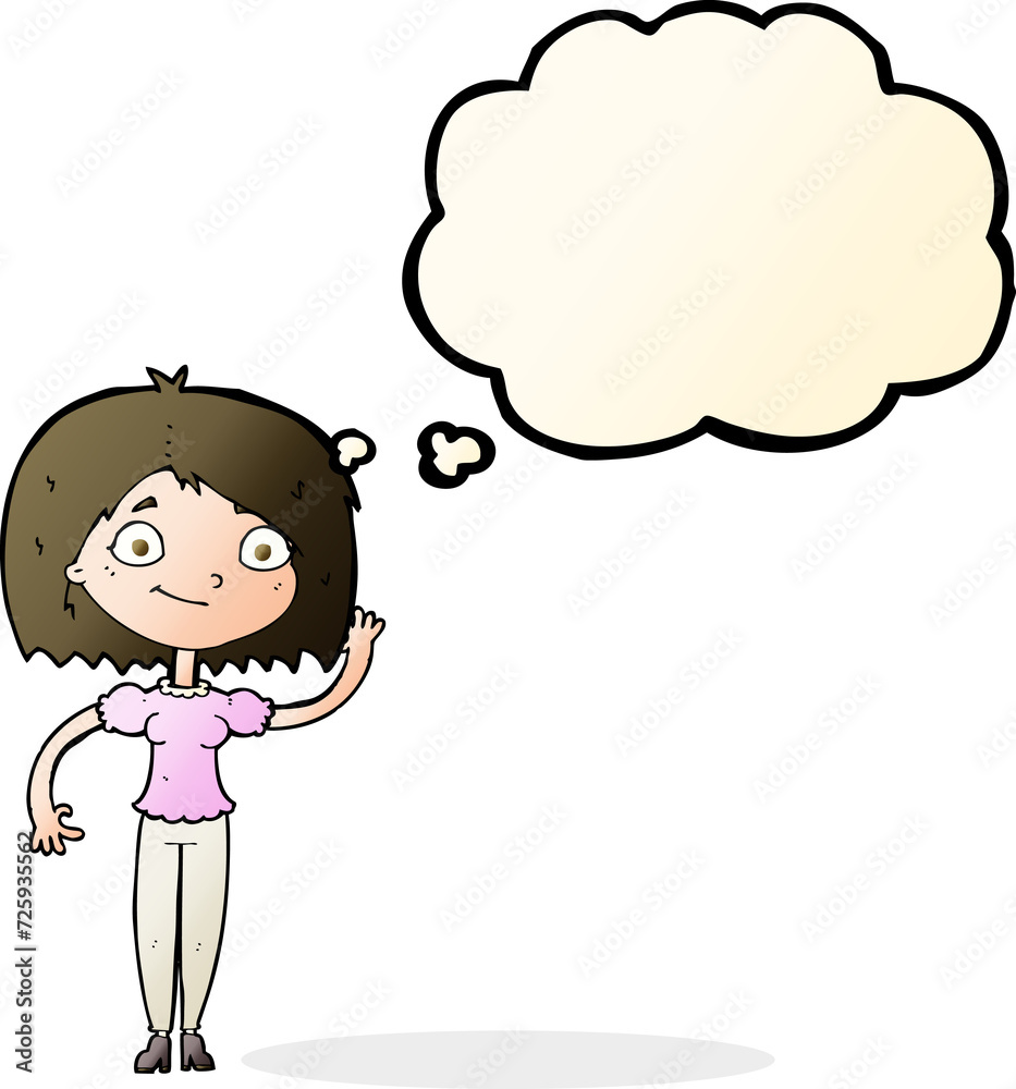 cartoon woman waving with thought bubble cartoon woman waving with thought bubble