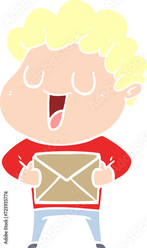 laughing flat color style cartoon man with parcel
