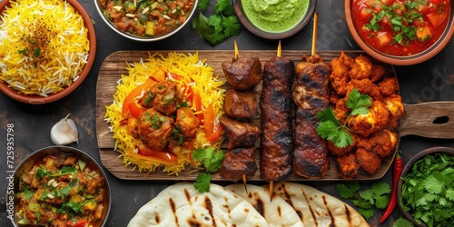 Wooden Board Hosts Delightful Spread of Pakistani Cuisine in Flat Lay! Colorful Dishes Like Biryani, Kebabs, and Naan Create Visual Feast - Soft Natural Light