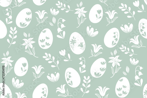 Easter eggs background doodle pattern folk design egg paint with silhouette Stencil white flower and leaf on green background vector illustration.