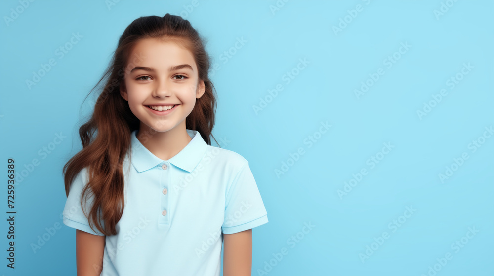 Children's fashion. Portrait of cute beautiful preteen girl in trendy casual clothes on light blue background in studio. Happy pretty schoolgirl in denim shorts and polo shirt smiling at camera Children's fashion. Portrait of cute beautiful preteen girl in trendy casual clothes on light blue background in studio. Happy pretty schoolgirl in denim shorts and polo shirt smiling at camera