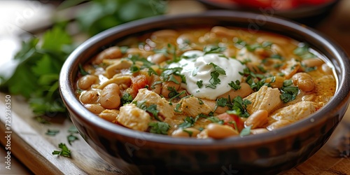 Yummy White Chili! Cook Beans, Chicken, and Add Creamy Cream Cheese - Mix It Up, So Tasty! Warm and Comforting, Like a Cozy Hug for Your Tummy - Soft Natural Light