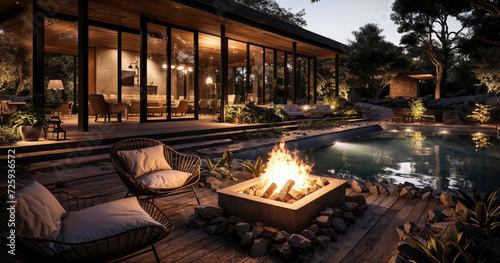 An elegant outdoor evening setting with a cozy fire pit, comfortable loungers, and a reflective pool, adjacent to a modern glass-walled house surrounded by nature.