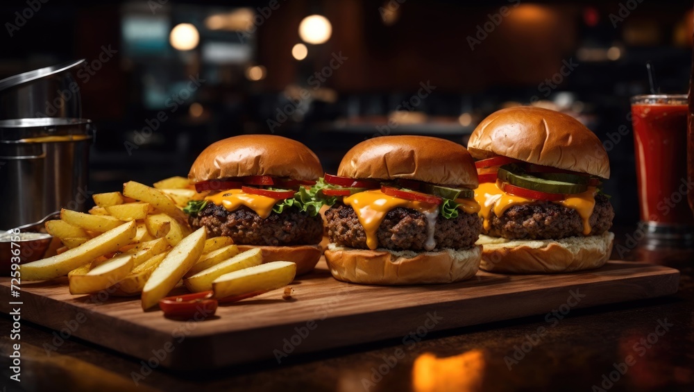 Hamburger with vegetables and tomato sauce on the restaurant table, French fries, dinner and lunch table, delicious fast food, American burger, unhealthy food, served with drinks - obrazy, fototapety, plakaty 