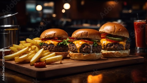 Hamburger with vegetables and tomato sauce on the restaurant table, French fries, dinner and lunch table, delicious fast food, American burger, unhealthy food, served with drinks