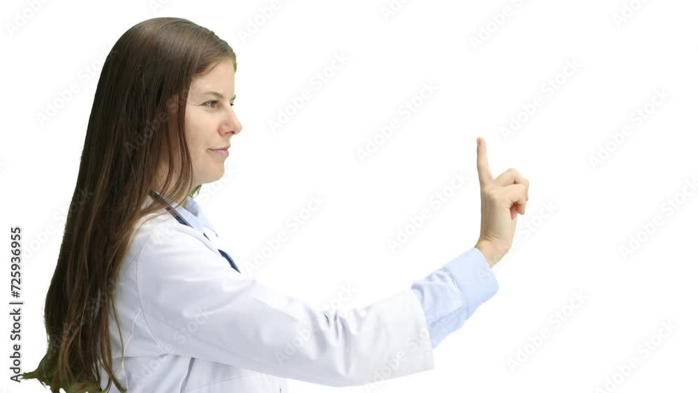 Female doctor, close-up, on a white background, shows an important sign Female doctor, close-up, on a white background, shows an important sign