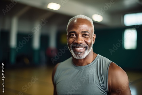 Smiling portrait of a mature african man in an indoor basketball gym