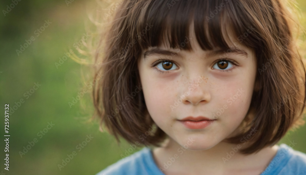 Young Brunette Girl with Playful Smile and Amber Eyes, Gazing Upward at a Sunlit Field - Soft Light Headshot