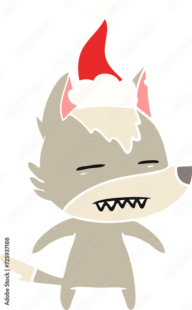 flat color illustration of a wolf showing teeth wearing santa hat