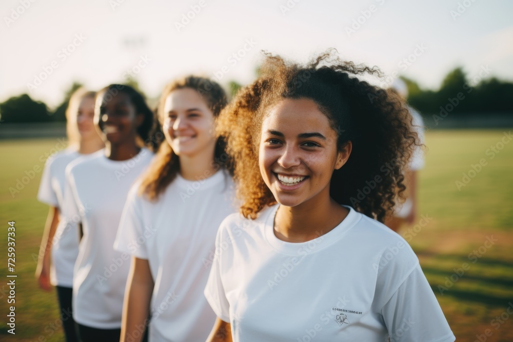 Group of young female soccer players on a pitch Group of young female soccer players on a pitch