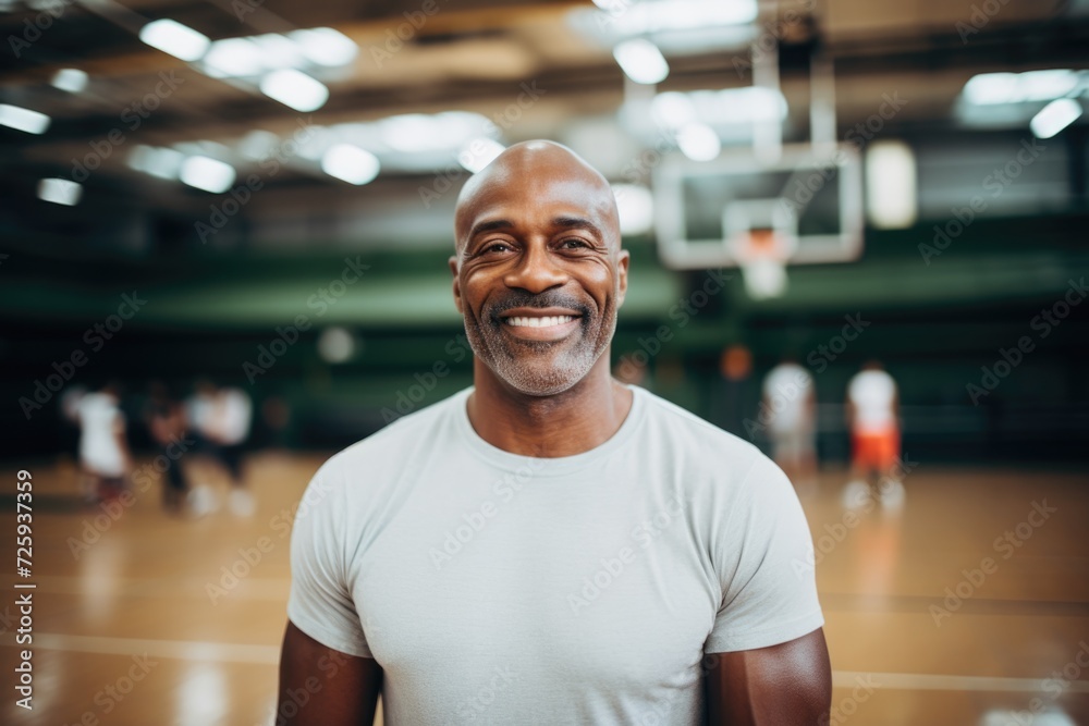 Fototapeta premium Smiling portrait of a mature african man in an indoor basketball gym