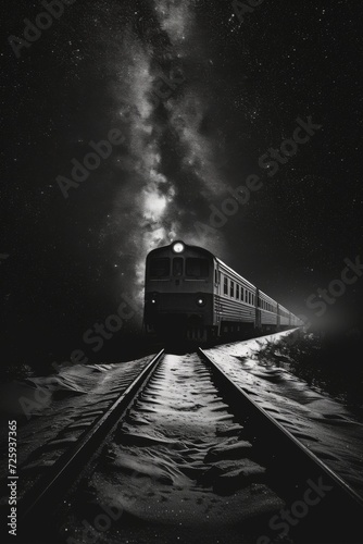 Black and white banner with a high-contrast image of a historic train, with a touch of surrealism as the tracks lead into a star-filled night sky.