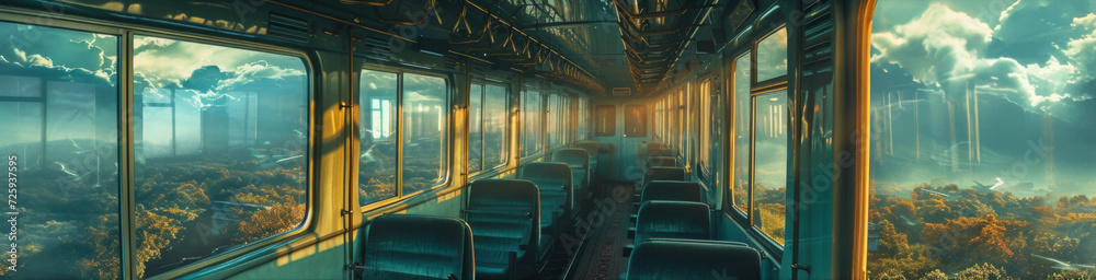 Cinematic and film-inspired banner of a train journey, with detailed interior views and surreal landscapes passing by the windows. - obrazy, fototapety, plakaty 