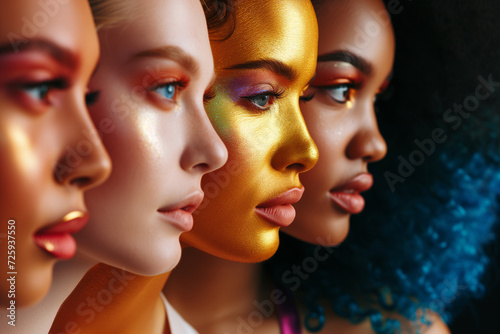 portrait of group fashion girls models on color background. a group of women with colorful makeup. Models with bright makeup beautifully. Stylish magazine photo with girls