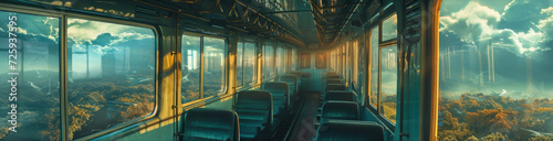 Cinematic and film-inspired banner of a train journey, with detailed interior views and surreal landscapes passing by the windows. photo