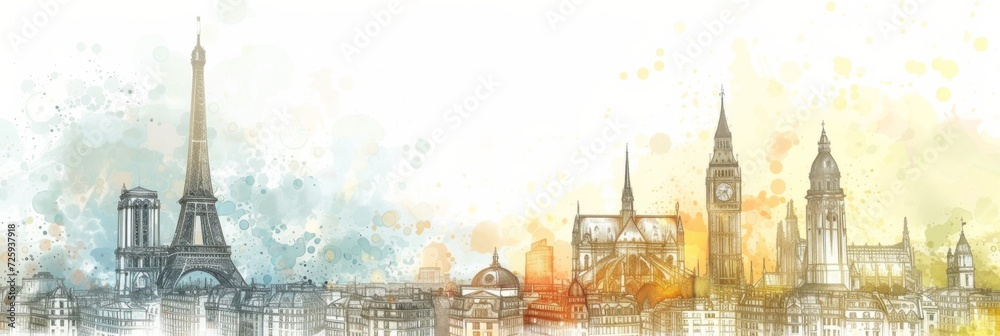 Fototapeta premium Hand-drawn and sketch-style banner of a city's famous landmarks, with a bokeh background giving a bustling, lively feel.