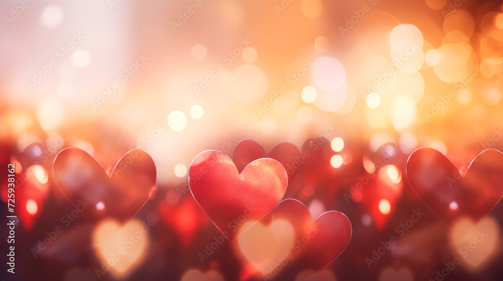 Blurred background with hearts and sun glare. Valentine's Day. Illustration of hearts with bokeh effect on a warm background. Many different stylized hearts with selective focus