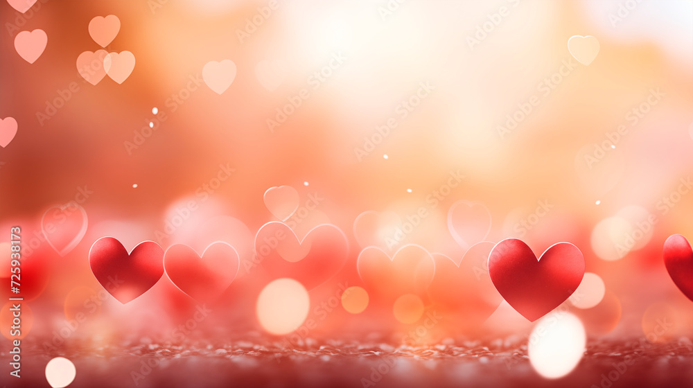 Blurred background with hearts and sun glare. Valentine's Day. Illustration of hearts with bokeh effect on a warm background. Many different stylized hearts with selective focus