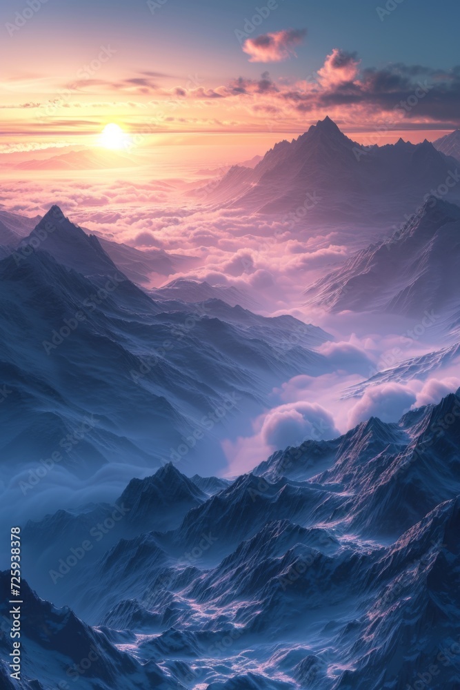 Realistic banner of a mountaintop view at sunrise, with surreal, floating clouds and a dream-like, glowing horizon.