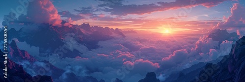 Realistic banner of a mountaintop view at sunrise, with surreal, floating clouds and a dream-like, glowing horizon. photo